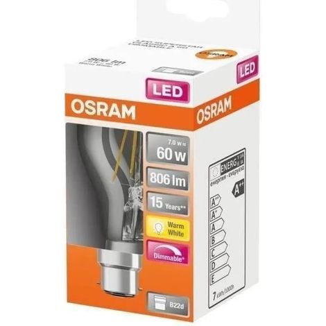 OSRAM A B22d LED-Lampe, transparent, 8,5 W, 806 lm, 2700 K, dimmbar, IP20, 320 ° [LV-4058075448124]