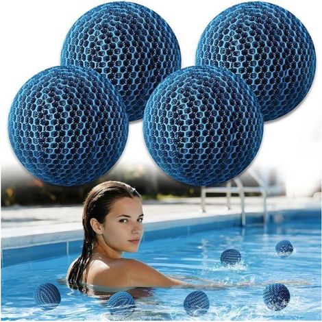 Lot de 4 balles nettoyantes piscine et spa, absorbent huiles et calcaire, 6,6 x 6,6 cm, réutilisables, filtre à eau bleues (1/5)