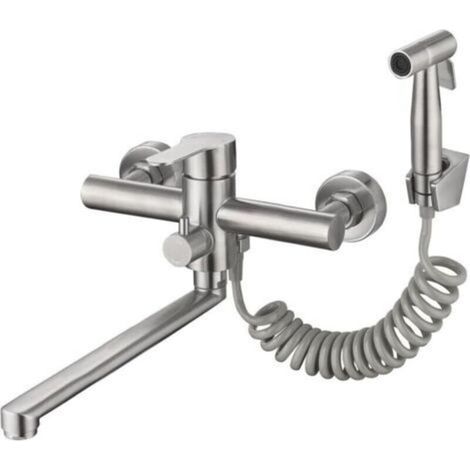 Küchenarmatur zur Wandmontage aus gebürstetem Nickel mit seitlicher Brause – Profiqualität, bleifreier Spültischmischer, 12-Zoll-Auslauf (1/5)