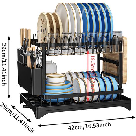 Égouttoir à vaisselle - Acier carbone - Noir - Pliable double étage avec égouttement rapide et rangement compact pour petite cuisine (1/5)