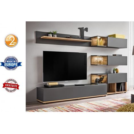 Ensemble murale meuble TV - Silk - 6 éléments - Anthracite et bois - Livraison gratuite (1/2)