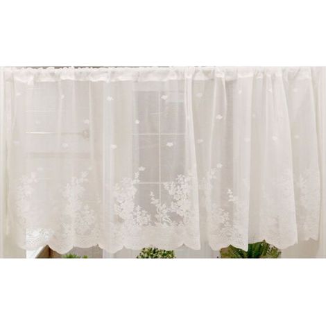 Rideaux Brise Bise Fleurs Découpée Court Rideau Passe Tringle Semi-Transparent Cuisine Bureau Chambre 1 Pièce Blanc 60x150cm (1/5)