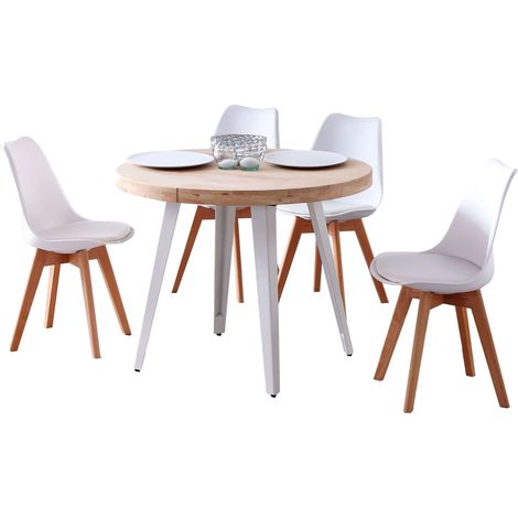 Conjunto de Mesa Extensible Redonda con 4 Sillas Estilo Moderno en Color Roble Nordish y Blanco
