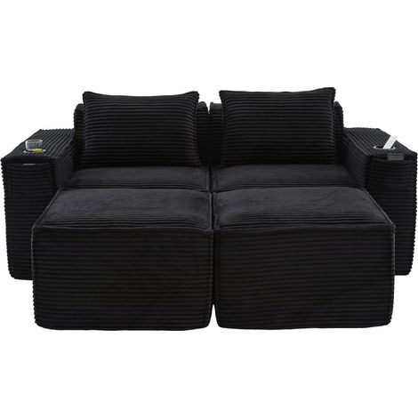 2-Sitzer-Modulsofa aus schwarzem Cord mit 2 Hockern, Becherhaltern und Seitentaschen (1/5)