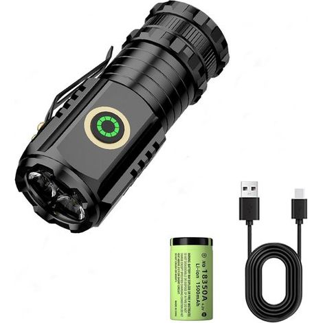 Lampes de poche 5000 lumens – Lampe LED rechargeable – 5 modes d'éclairage – Étanche – Chargement USB-C – Batterie 18350 – Compacte (80 mm) – Pour usage extérieur (1/5)