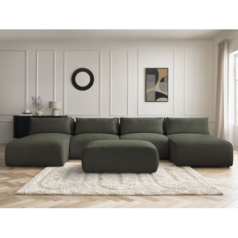 BOBOCHIC - Canapé panoramique fixe modulable avec têtières JANA tissu chiné avec 2 méridiennes, 2 chauffeuses et 1 petit pouf   Vert (1/5)