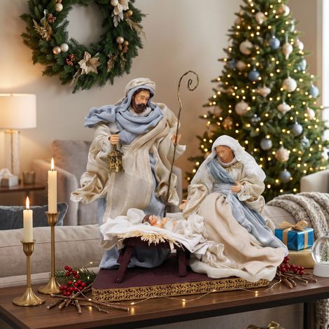 Natività Sacra Famiglia per presepe vestiti color beige e azzurro h 42 cm (1/3)