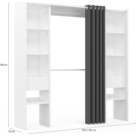Idmarket – Dressing modulable extensible 120/180 cm – Largeur 50 cm – Hauteur 180 cm – 8 étagères réglables – Double penderie avec rideau gris — vue 4