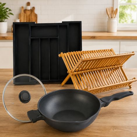 Set da cucina compatto 3 pezzi scolapiatti pieghevole in bambu vassoio estraibile per posate e wok antiaderente 226592080 (1/5)