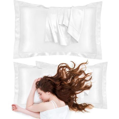 Set mit 2 Seidenkissenbezügen, höchster Komfort für Haut und Haar, 50 x 80 cm, luxuriös und hypoallergen, außergewöhnlich weich, Seidenkissenbezüge mit Hotelverschluss (1, Weiß) (1/5)