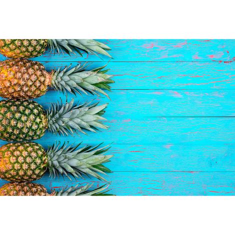 Papier peint panoramique cuisine ananas bleu | Tapisserie panoramique effet bois bleu avec fruit pour salon | Papier peint panoramique salle à manger - 267 x 400 cm (4 pièces) (1/2)