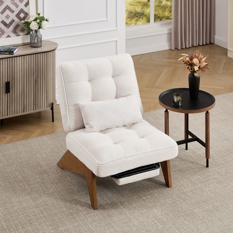 Fauteuil dossier réglable avec repose‑pieds, coussin lombaire et pieds en bois, en velours côtelé, beige