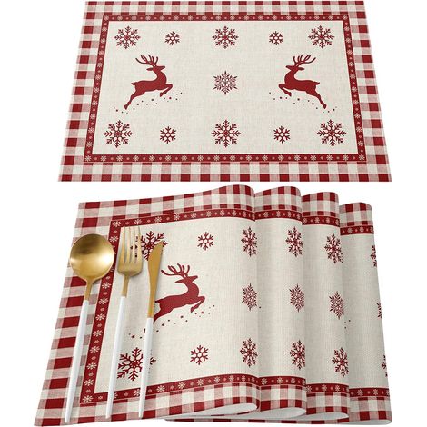 Juego de 6 manteles individuales con diseño de renos y copos de nieve navideños, de poliéster resistente al calor y antideslizantes, para uso interior y exterior. (1/5)