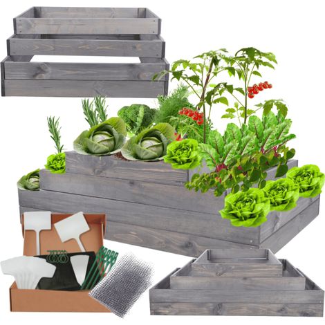 MODO24 ZP09 Carré potager surélevé en escalier modulable, bois de pin, herbes/légumes, jardin/terrasse/balcon, 36x117x80 cm, gris