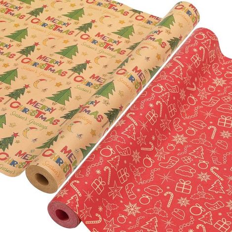 2 rouleaux de papier kraft pour emballage cadeau de Noël, 43 cm x 6 m, avec de fins motifs, idéal pour emballer les cadeaux de Noël des enfants. (1/5)
