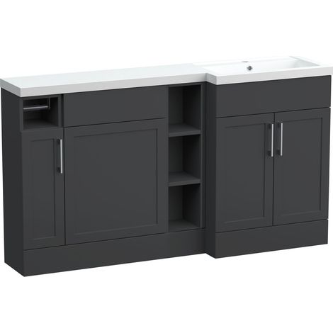Pirehill Traditional Floor Standing 3 Door, Shelf Vanity WC Unit with Toilet Roll Holder and Basin, 1500mm, Right Hand, Dark Grey