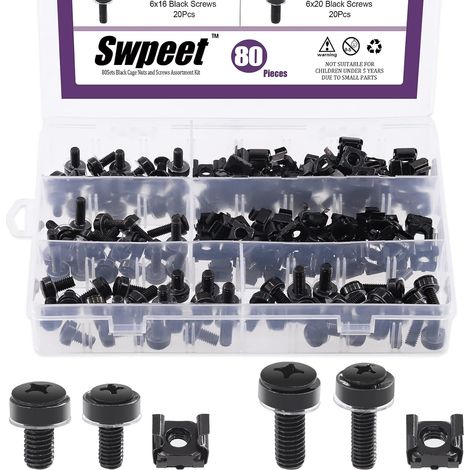 Lot de 80 écrous et vis de cage M5 M6 4 tailles noires avec rondelles en métal et plastique, kit d'assortiment de matériel à trou carré (1/5)