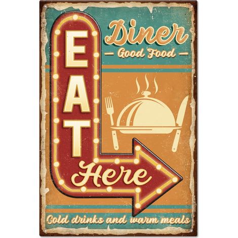Plaque en Métal Vintage de 8x12 pouce 'Dinner Eat Here' Illustration de Bonne Nourriture Signalisation des Restaurants pour Décorer la Maison Cuisine Salon Chambre Café Bar Restaurants (1/5)