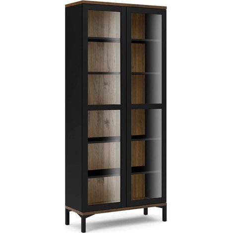 Dmora - Vetrina Hudhud, Credenza espositiva, Vetrinetta multiuso, Madia da soggiorno, 89x36 h203 cm, Nero e Noce (1/5)