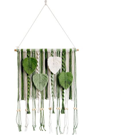 [Tapiz tejido] [Hecho a mano] [ETTE] Estantería decorativa de pared con cuerda de algodón y borlas  Flecos, patrón de tejido nórdico, almacenamiento de libros, estante decorativo, adorno de pared verd (1/2)