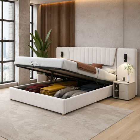Polsterbett 180x200 cm Beige Samt mit hoher Rückenlehne, Leselampen, USB-Anschluss und hydraulischem Stauraum (1/5)