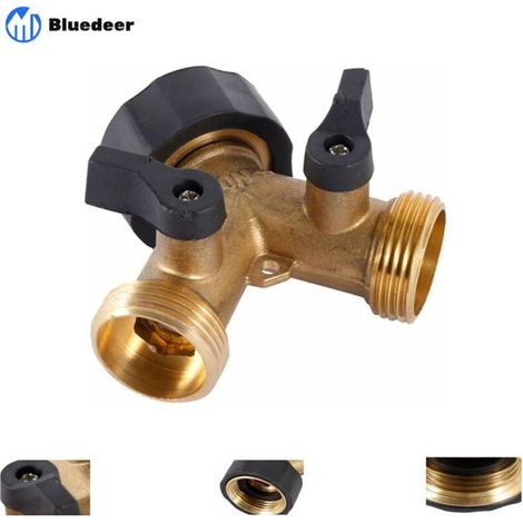 Robinet Double Machine a Laver, Répartiteur Raccord Robinet Tuyau d\'Arrosage en Y 2 Voies pour Tuyaux d\'Alimentation 3/4", Robinet Exterieur Jardin Double en Laiton Robuste Bluedeer (1/5)