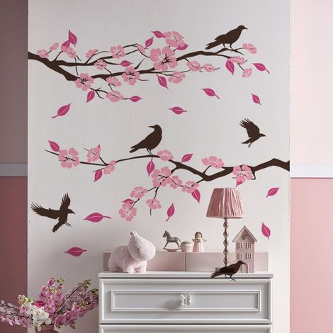 Stickers Muraux Branche de Fleur Autocollant Mural Fleurs Rose Arbre et Oiseaux Décoration Murale Chambre Salon Chambre Enfants Fenetre Mur TV (1/5)