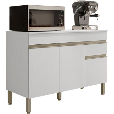 Buffet Bas 3 Portes 1 Tiroir Blanc 5 Niches L 120 H 86 P 53.3 cm