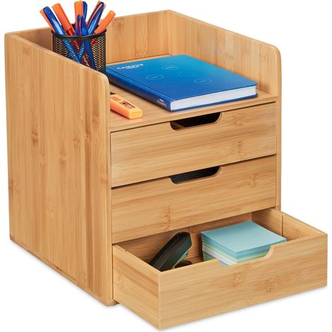 Relaxdays Desk Organiser, 3 Drawers, Office, H x W x D: 33 x 30 x 31 cm, Bamboo, Natural (1/5)