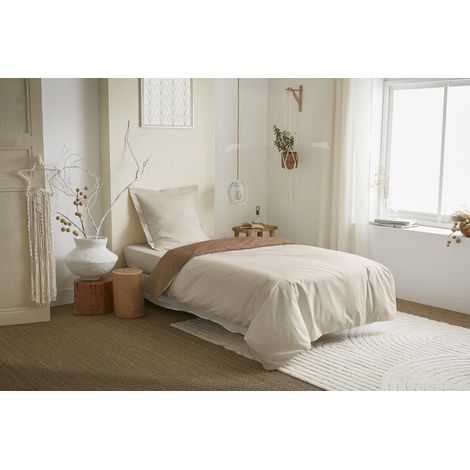 Parure de draps 3 Pièces "Duo Premium" lit 90 x 190 cm Sable/Taupe (1/2)