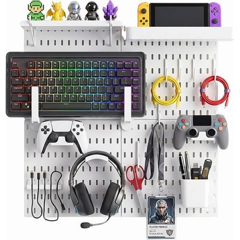 Wall-mounted pegboard organizer for game setup, pegboard with adhesive and screw mounts, includes pegboard accessories for storage (1/5)