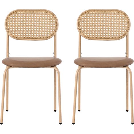 Set di 2 Sedie da Pranzo, Schienale Ovale in Rattan Naturale, Gambe in Metallo, PU e Metallo, Marrone (1/5)