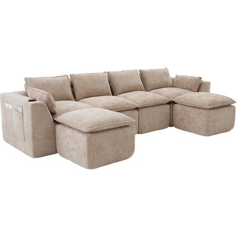 Divano modulare 4 posti in ciniglia beige chiaro con 2 pouf e porta bicchieri (1/5)