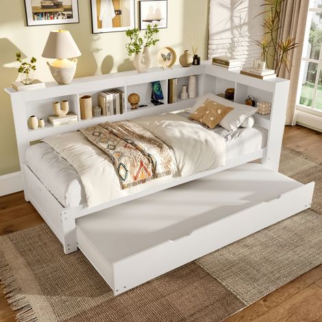 Lit gigogne 90x200 cm, lit enfant avec prise électrique, 2 ports USB et sommier à lattes, en bois, blanc, sans matelas (1/5)