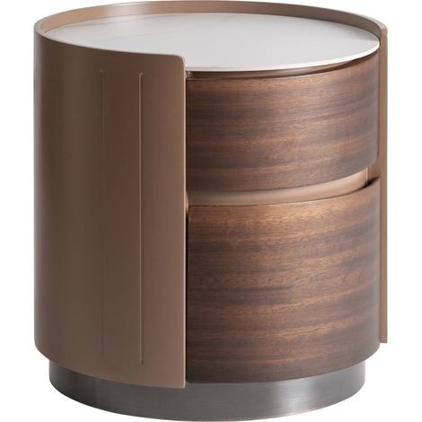 Table de chevet ronde bois et pierre frittée - marron bois clair et blanc (1/5)