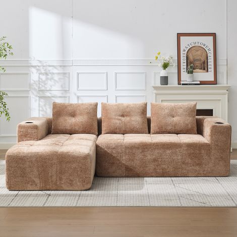 Ecksofa 258x163x68 cm hellbraun Chenille gepolstert mit Becherhaltern (1/5)