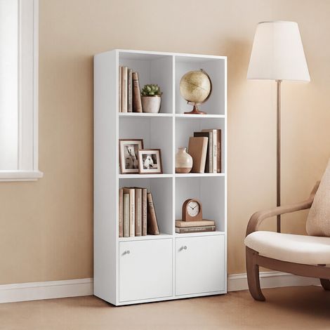 Étagère de Rangement à 4 Niveaux, avec 2 Portes, pour Bureau, Salon, Salle à Manger, 29 x 65,8 x 130 cm, Blanc
