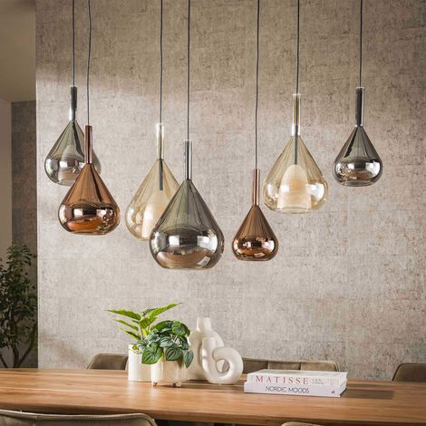 M&S – Suspension 7 lampes 120x40 cm en verre ambré, cuivré et chromé – Abat-jours réglables en hauteur – Éclairage élégant pour salon