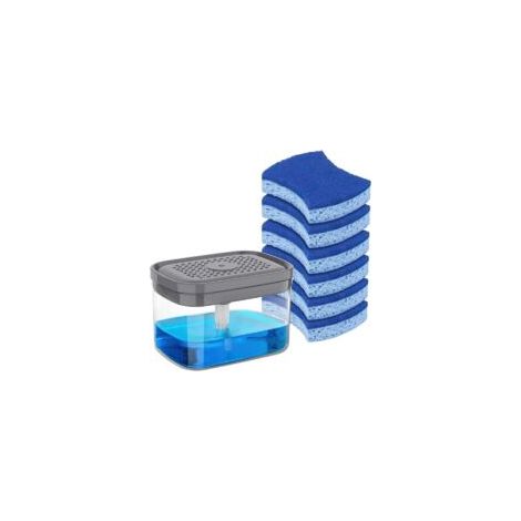 Dispenser di detersivo per piatti con porta spugna e set di spugne abrasive, dispenser di detersivo da cucina con grande capacità di 850 ml, confezione da 6 spugne per piatti incluse - Crezuo
