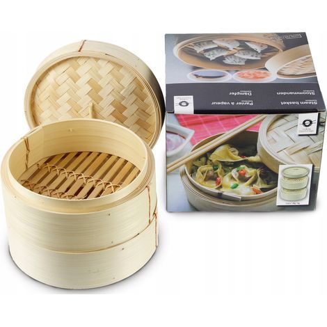 Panier vapeur rond en bambou de 20 cm, double, pour wok et cuisson vapeur (1/5)