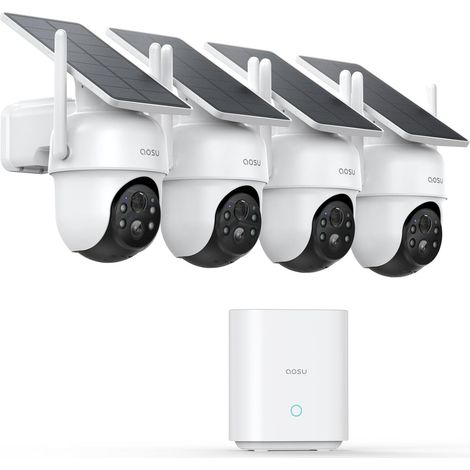 AOSU 2K Telecamera Wifi con Pannello Solare, 4 Kit Telecamera Wi-Fi Esterno Senza Fili, Videocamera con 166° Ultra-Wide View, Permanent Power, Focus Camera, 32G Local Storage, Nessun Canone Mensile [C (1/5)