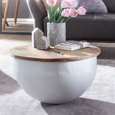 Table basse coffre 60x60x34 cm en manguier recyclé et fer laqué blanc (1/5)