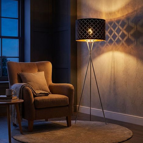 Stehlampe Textilschirm schwarz gold Beistellleuchte 3 Bein Stativleuchte Textil, Nickel matt, E27 Fassung, DxH 62x158 cm (1/5)