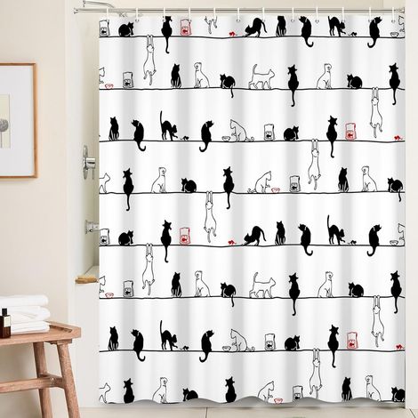 Rideau de Douche Chat Noir Blanc Dessin animé Chats drôles imperméable Salle de Bain décoratif avec Crochets pour Enfants Adultes Lavable Fournitures de Baignoire 180x180 cm (1/5)