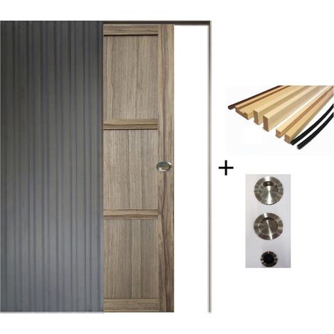 Porte Coulissante Bois Frake 3 Panneaux H204 X L73 Cm, Galandage, Kit Finition (coquille Et Tire Doigt) Gd Menuiseries