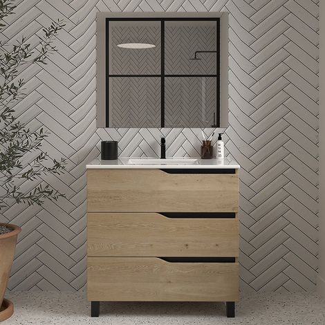 Meuble de salle de bain 60cm simple vasque - 3 tiroirs - madera miel (bois clair) - MATA (1/5)
