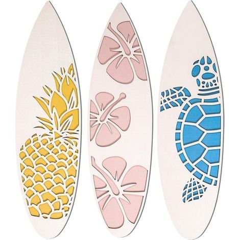 Décoration murale Irovami en bois en forme de planche de surf, composée de trois pièces et colorée. (1/5)