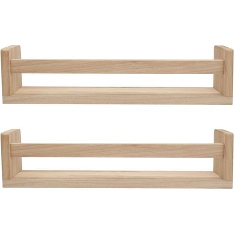 Étagère Murale Flottante En Bois Naturel 2 Pièces Bibliothèque Enfant Chambre Décor Bain Épices Cuisine (1/4)