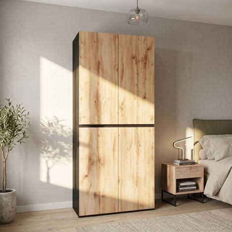 MODFU – Armario 90x50x200 cm con barra para colgar, compartimento para joyas y cajones, 4 puertas, carga 80 kg – Efecto madera con acentos negros (1/5)
