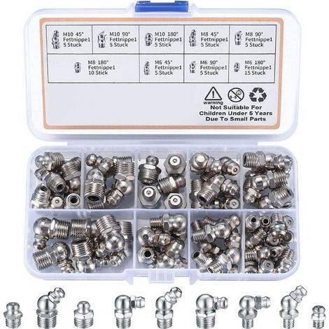 Kit de 60 graisseurs à visser M6 M8 M10 – Angles 45° 90° 180° – Fer nickelé résistant à la corrosion – Pour machines industrielles (1/5)
